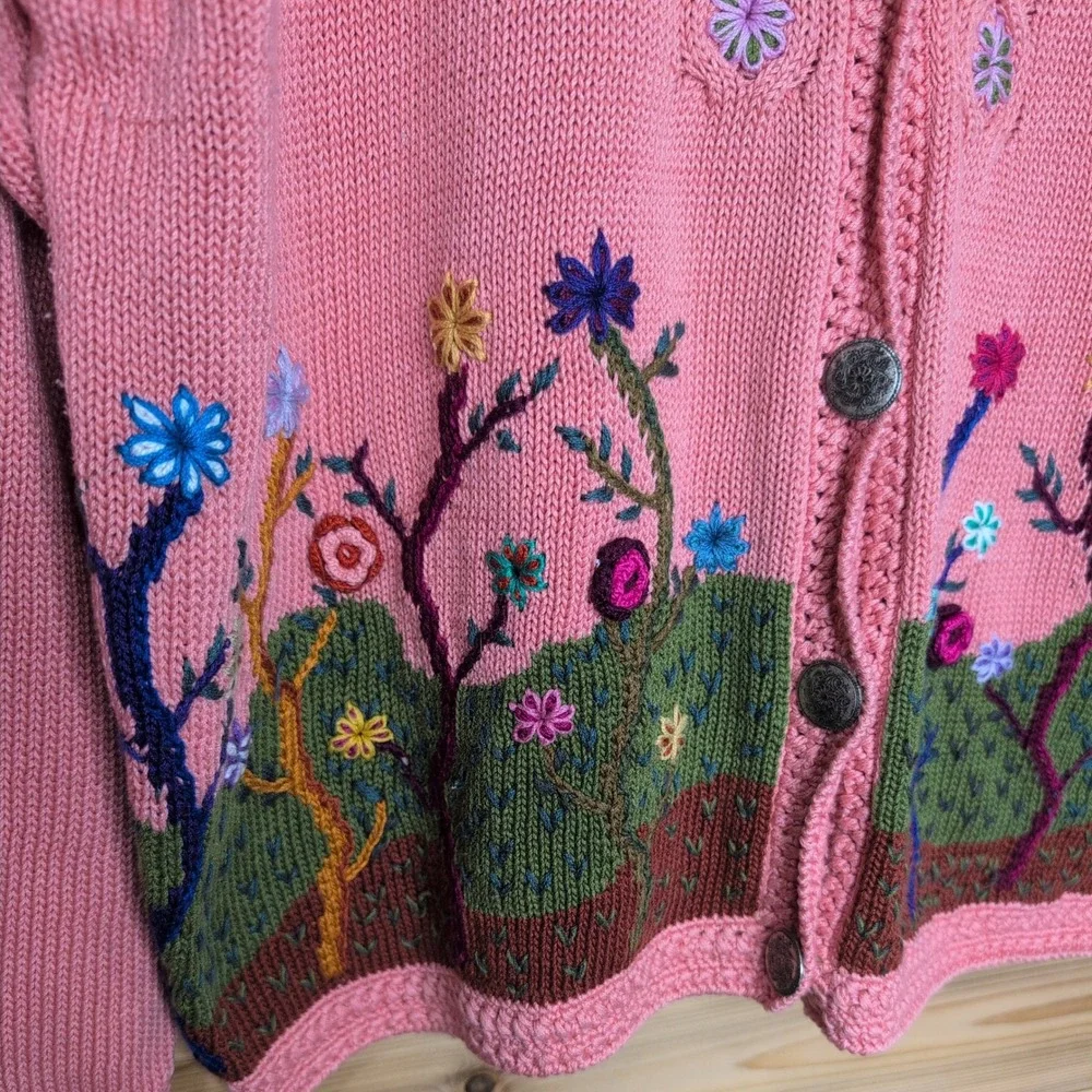 Vintage Caamano Pink Handknit Pima Cotton Floral Garden Cardigan Large‎ - Picture 3 of 10
